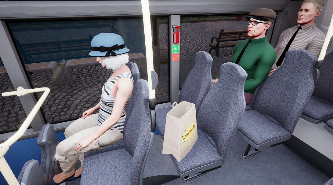 《巴士模拟21》游戏画面，一辆蓝色公交车行驶在现代化城市街道，背景有高楼与绿树，画面写实