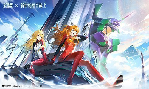 EVA联动角色展示，明日香与绫波零并肩站立，背景为使徒战斗投影，机甲风格浓厚