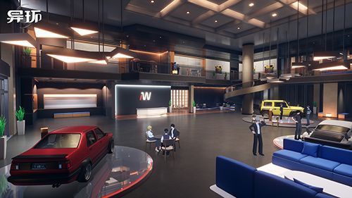 城市街道航拍视角，车辆川流不息，广告牌闪烁，‘莱昂置业’‘新越车行’等品牌标识清晰可见，展现繁华都市生态