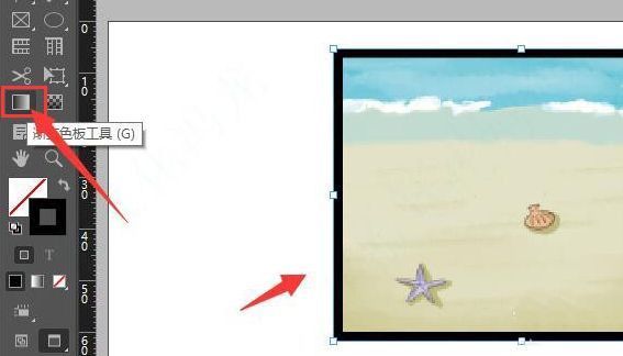 用户正在使用渐变工具对图片描边进行拖拽操作，界面显示渐变方向控制线