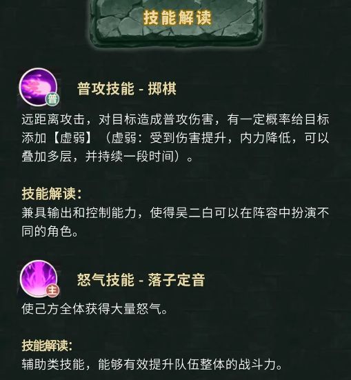 吴二白技能图标展示，左侧为主动怒气技能，右侧为被动特效，界面清晰标注技能名称与效果