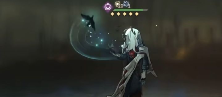 卡戎释放仪式技‘纵使虞美人盛开’，画面中多道阴影追击敌人，同时己方角色获得电能与激情增益