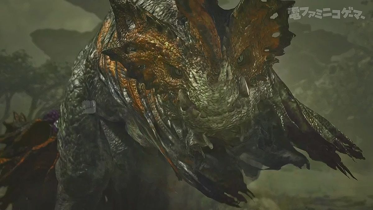 《怪物猎人：荒野》实机画面，猎人在荒野中与炎尾龙激烈对战，火焰特效四溅