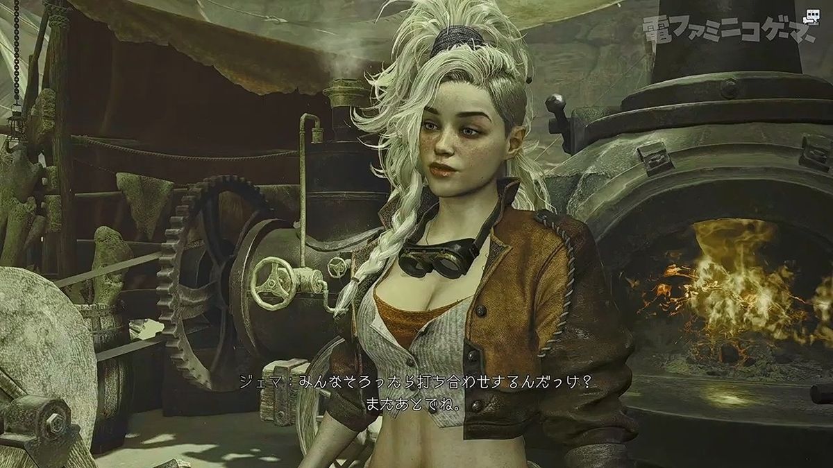 猎人与加工店老板交谈，背景陈列各类武器装备，界面显示材料替换选项