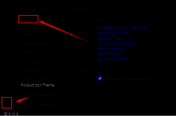 VSCode左下角设置图标被鼠标悬停，弹出菜单包含Settings选项