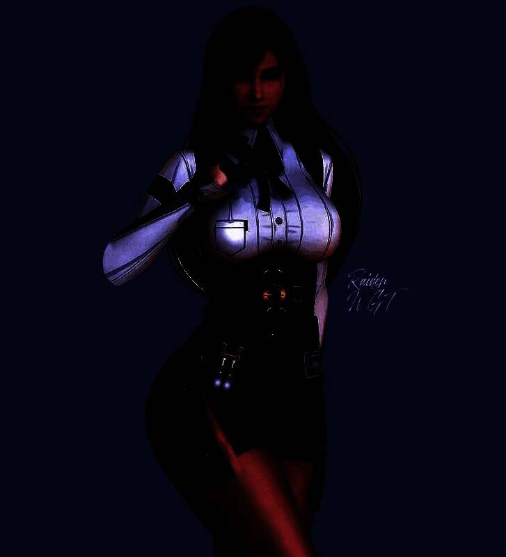 蒂法身穿全新设计的战斗服装，站在光影交错的场景中，眼神坚定，展现出力量与美感的融合