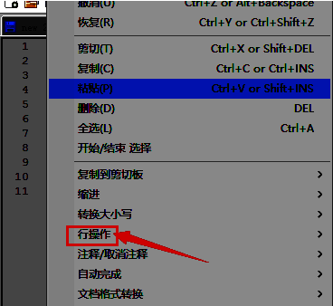‘行操作’子菜单展开状态，列出多个与行相关的操作命令