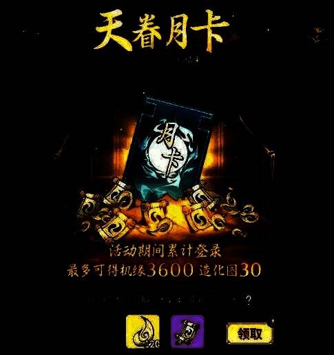 游戏内天眷月卡活动界面展示，界面清晰列出每日可领取的造化图与机缘数量