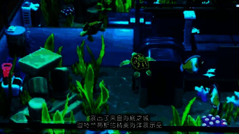 员工正在清洁展区，卡通风格角色动作生动，环境细节丰富