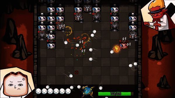 弹球玩法画面，大量彩色弹球在屏幕中高速弹射，撞击敌人触发爆炸特效，视觉效果混乱而炫酷