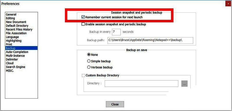 Notepad++设置界面中高亮显示'Remember current session'选项