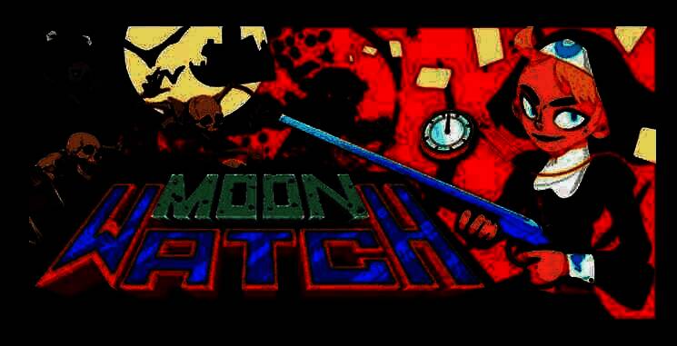 《月影守望》游戏主界面展示，背景为月球表面的吸血鬼城堡，角色手持神秘怀表，氛围神秘而紧张