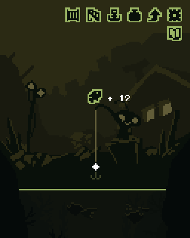 游戏中小机器人自动钓鱼的动态过程，鱼线缓缓下落，突然抖动并拉起发光生物