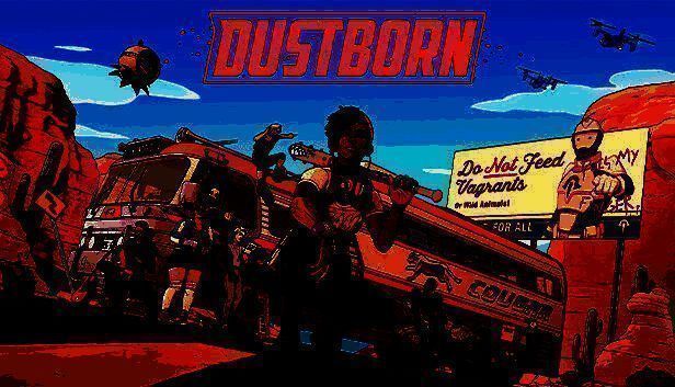 《尘路之旅》游戏封面画面，呈现一支风格怪异的乐队在荒凉公路上行走，整体色调阴郁且充满戏剧张力