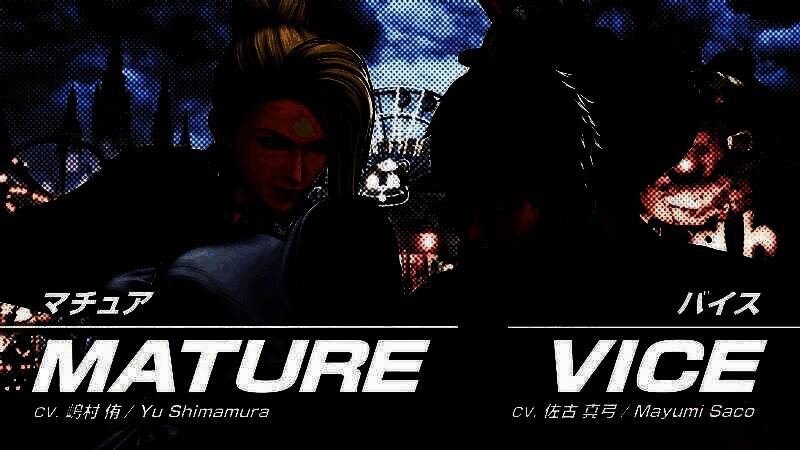 《拳皇15》DLC角色麦卓与薇丝并肩站立，身穿标志性的暗色战衣，眼神冷峻，背景为暗红色能量波动