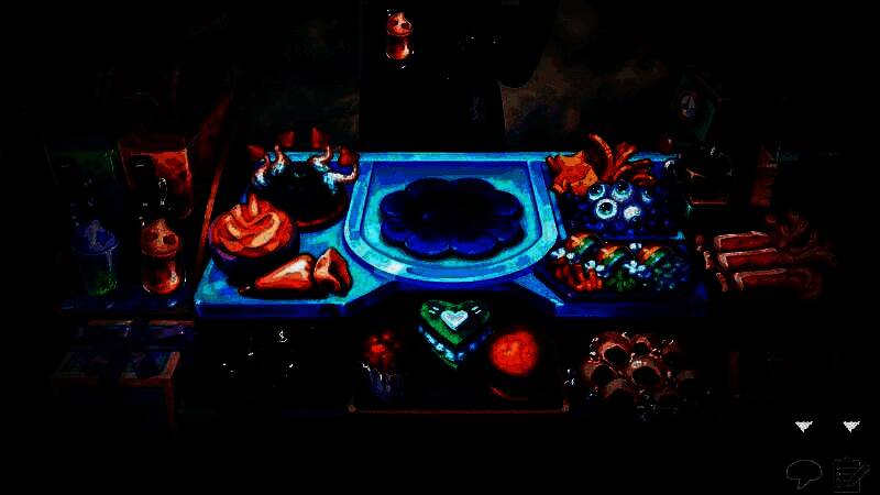 玩家与神秘男子对峙的剧情画面，背景血迹斑斑，气氛紧张