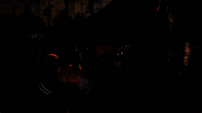 玩家操控角色手持突击步枪，在中世纪城堡前与持剑士兵激烈交火的场景