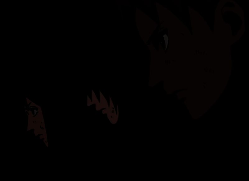 长门、弥彦与小南三人童年时期在雨隐村废墟中相依为命的场景，背景是灰暗的天空与残破的建筑