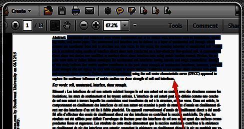 PDF文档中部分文字被蓝色高亮选中，光标位于文本上方，准备执行复制命令