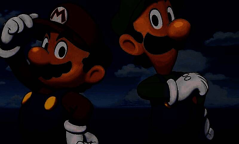 《马力欧＆路易吉RPG 兄弟齐航！》游戏画面，马力欧与路易吉并肩站立，背景为奇幻岛屿场景，充满卡通风格与冒险氛围