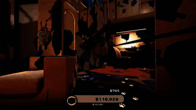 游戏内场景展示：小狗站在厨房台面上，身后是一片狼藉，打翻的红酒、咖啡和颜料瓶洒满地面，风扇正吹起彩色液体