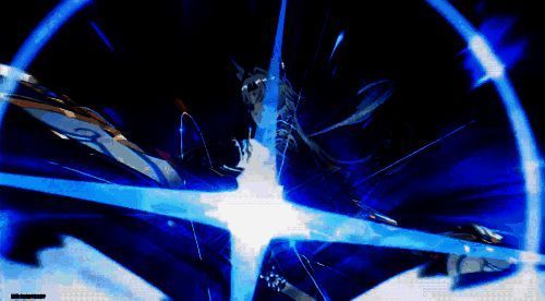 飞霄在战斗中腾空跃起，双武器交叉挥砍，背景炸裂出金色能量波纹