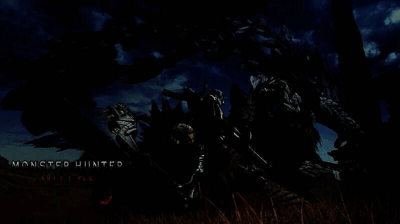 《怪物猎人：荒野》游戏实机画面，猎人正与巨型飞龙类怪物在沙漠地带激烈交战