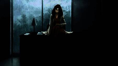 游戏场景原画，室内昏暗灯光下摆放着一幅诡异油画，画中为无臂单翼的天使，墙壁上投影出扭曲人影，充满心理压迫感