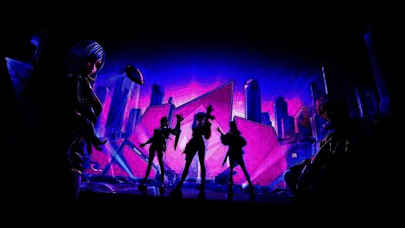 高能女团皮肤预览图，三位女英雄身穿舞台演出服，手持武器摆出表演姿势，背景为霓虹舞台灯光