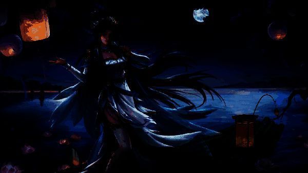 轻舟月岚*冯方女皮肤展示，人物立于小舟之上，背景为静谧湖面与明亮圆月，画面宁静唯美