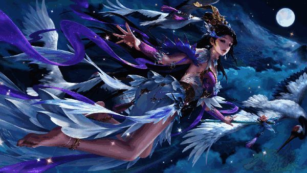 翱羽翔月*诸葛果皮肤展示，身着飘逸长裙，身旁有仙鹤环绕，月光洒落，整体氛围空灵脱俗