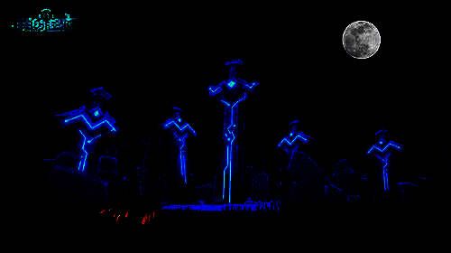 斑马乐园中秋庆典现场，夜空下探寻者们围绕祭坛共同召唤月亮，光影交错，氛围梦幻