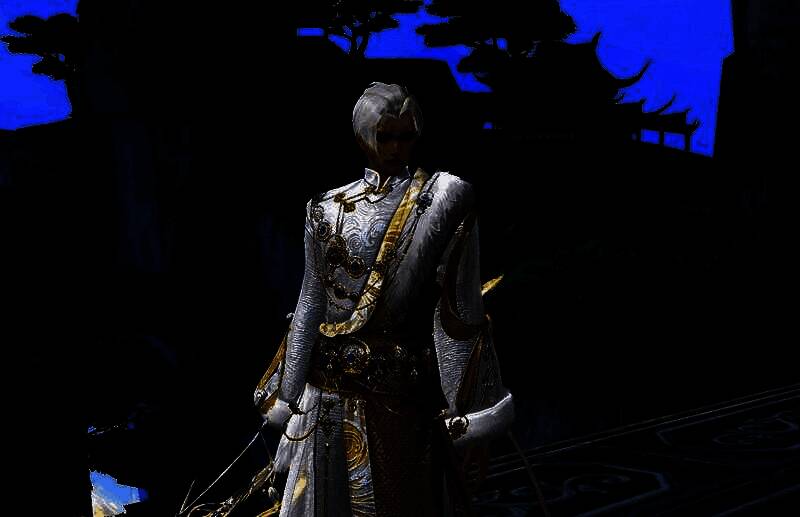 《天下》手游男款【琅琅环佩】侧面展示，长袍纹路精美，金饰闪耀，整体风格典雅俊逸