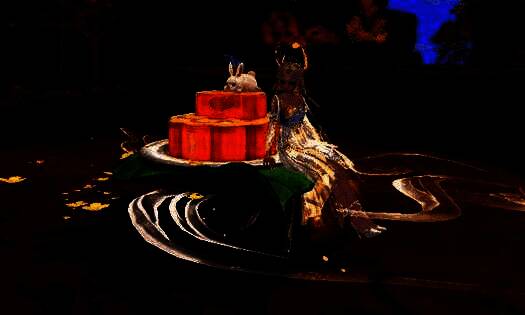 《天下》手游坐骑【玉兔嚼月】展示，玉兔趴在流心月饼上，香气如丝带飘散，画面甜美诱人