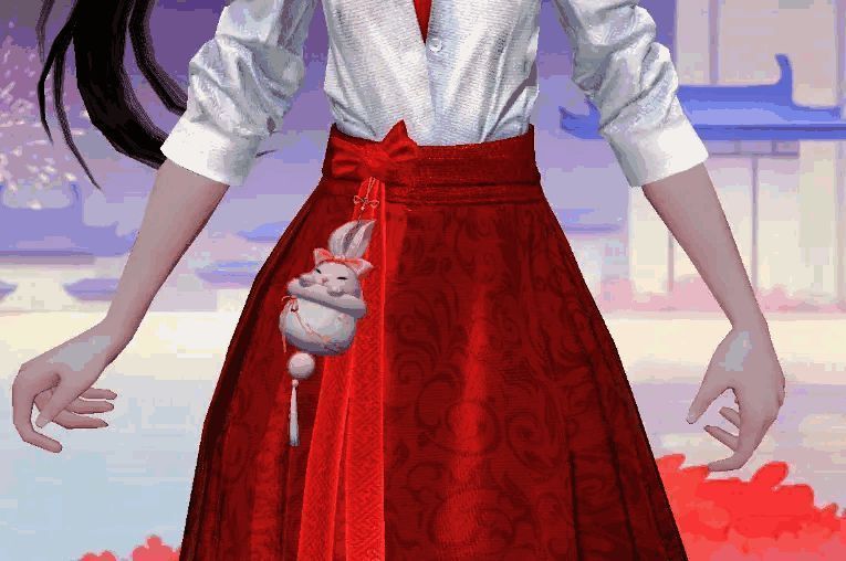 《天下》手游腰饰【雪兔香包】展示，小兔从香包中探头，佩戴蝴蝶结，可爱灵动