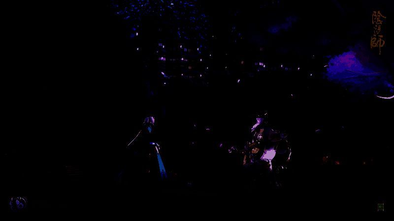 犬神立于樱花树下，手握长刀，背影孤寂而坚定，花瓣随风飘散，画面充满诗意与哀愁