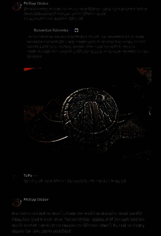 Philipp Weber在推特上的回复截图，文字清晰展示其对《巫师3》的敬意与对新作的愿景