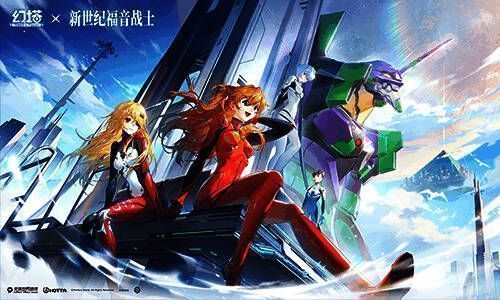 EVA联动场景图，初号机破墙而出，紫色AT力场展开，角色持武器迎战使徒