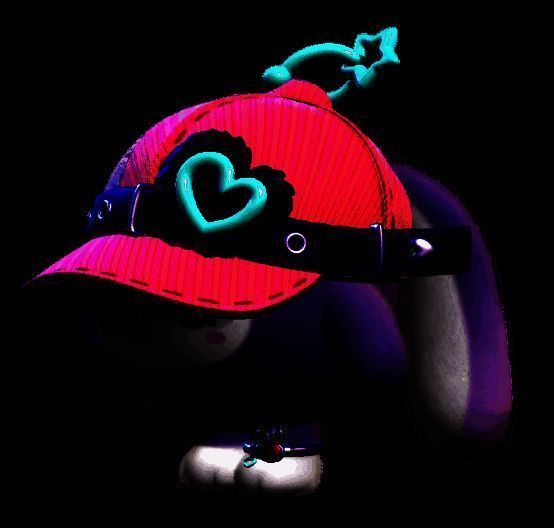 兔露露正面特写，戴着粉色鸭舌帽和紫色皮带，眼神羞怯