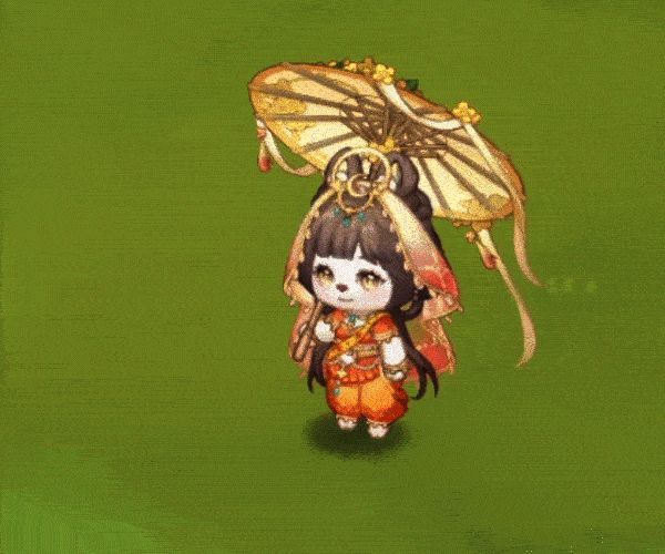 桂香思月伞动态展示，角色撑开伞后浮现桂花飘落与月光粒子特效