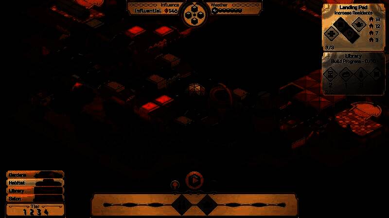 游戏内城市建造界面截图，显示等距视角下的建筑布局与资源管理面板，背景为漂浮岛屿与紫色气体巨星