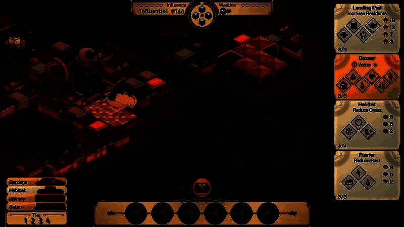 生态变化示意图，显示随着建筑增多，月球表面植被退化，风暴频率上升，环境警报亮起