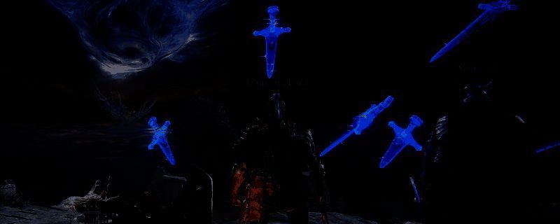 《艾尔登法环：黑夜君临》游戏战斗场景，角色在昏暗环境中与巨型怪物激烈交战，技能特效闪烁