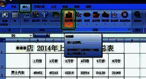 Excel2007插入菜单下拉列表，柱形图选项被高亮显示