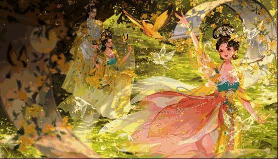 心王·摇芳尘外观展示图，角色身穿桂花主题华服，背景为月宫仙境，氛围唯美