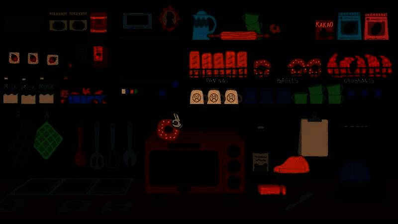 游戏内厨房场景截图，展示丰富的食材摆放和卡通化厨具设计