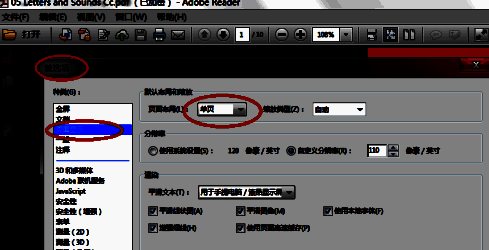 Adobe Reader XI首选项窗口中的‘页面显示’设置界面，页面布局默认为单页