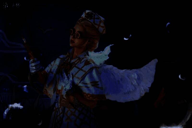 先知COSER手持鸟笼，眼神深邃，站在秋叶装饰前宛如从游戏中走出