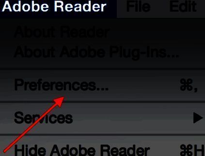 Adobe Reader XI菜单栏中点击Preferences进入设置界面的操作示意图