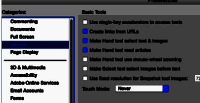 Adobe Reader XI偏好设置界面中选择General通用选项的截图